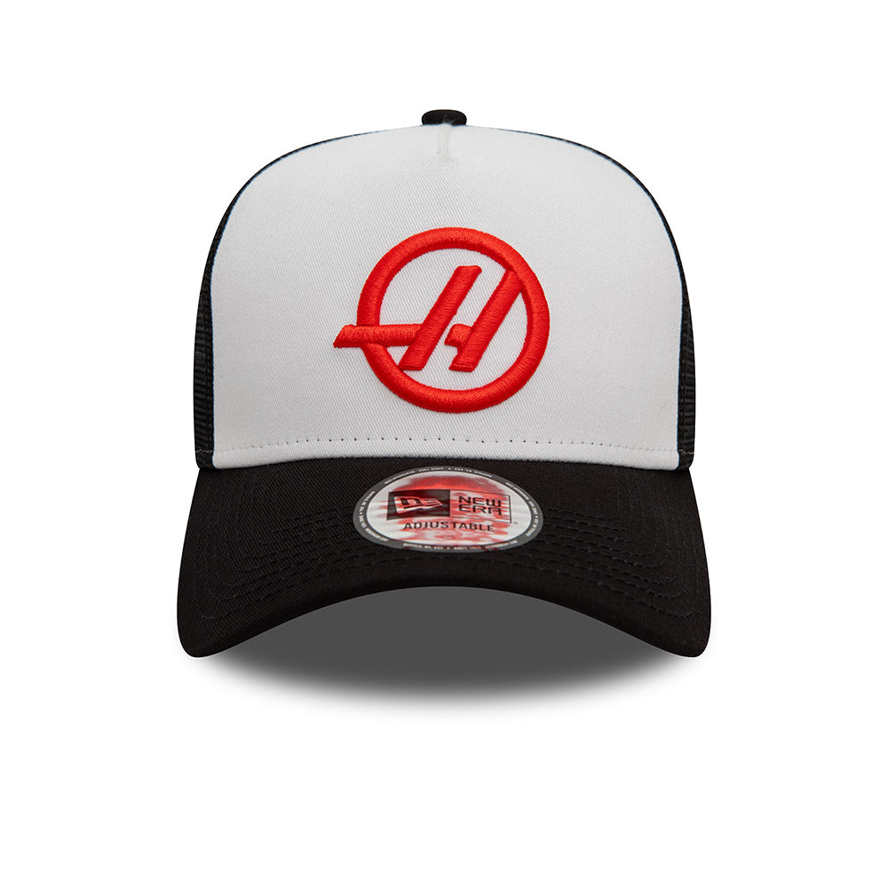 HAAS F1 Racing Hat - 2-Tone Black White 9Forty A-Frame Formula 1 Trucker Snapback Cap - New Era